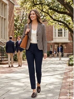 Talbots Striped Peplum Blazer Navy Blue & Tan Cotton Blend Size Small